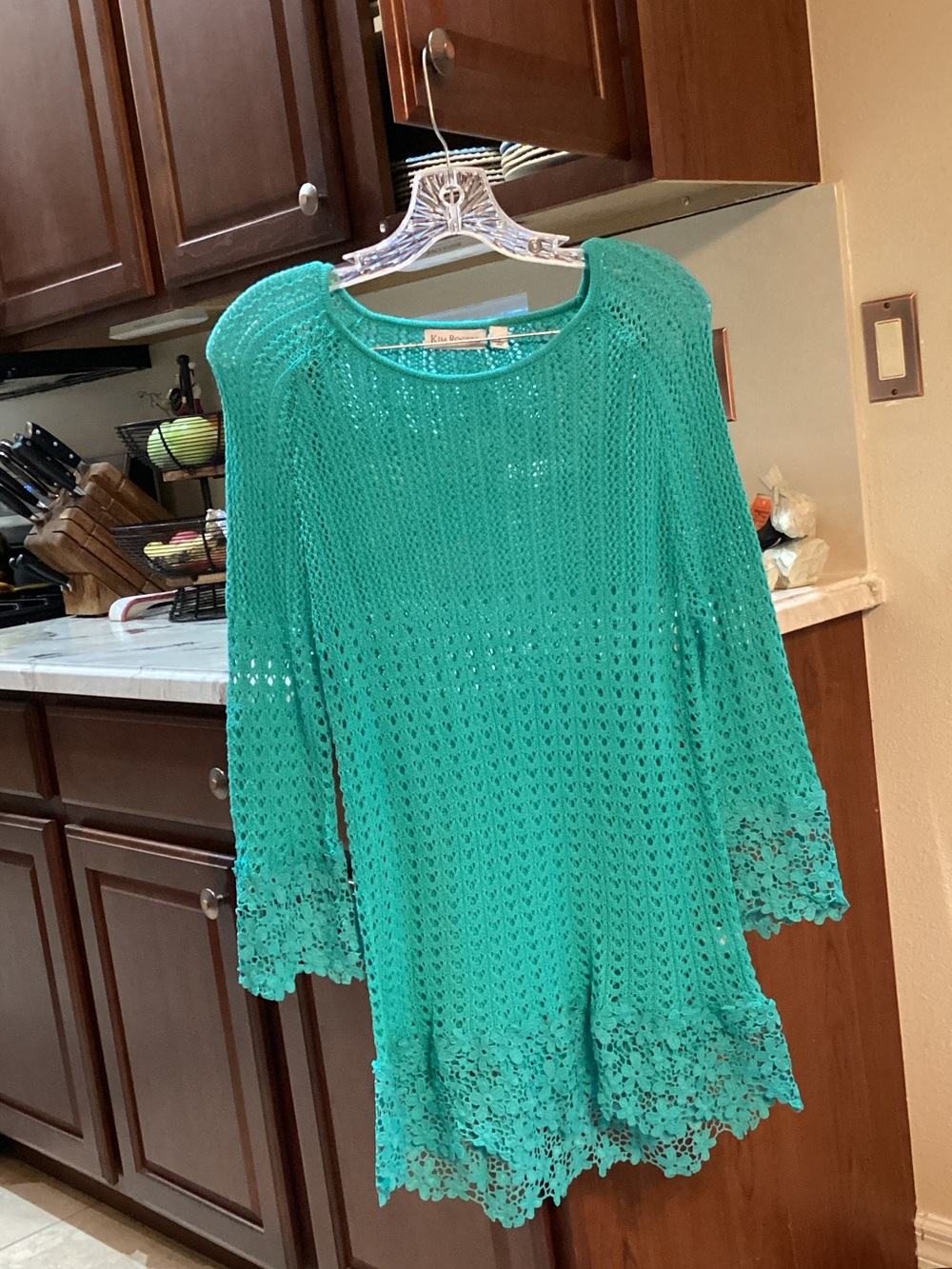 Kim Rogers Teal Crochet Swim Coverup